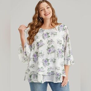 2/$20 💥🆕 BloomChic Floral Ivory Floral Ruffle Sleeve Blouse | 14-16 | 3188